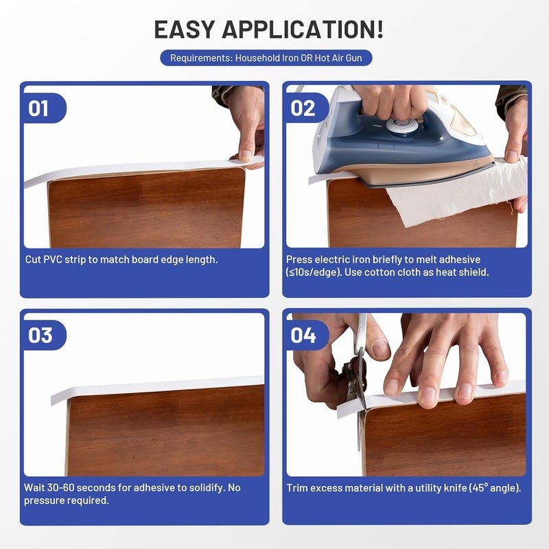 FAKILO PVC Edge Banding 3/4 inch x 250 ft Veneer Edge Banding White with Hot Melt Adhesive Pre - glued Iron on Edging Tape Trim for Cabinet Plywood Repairs and Furniture Restoration - Image 4